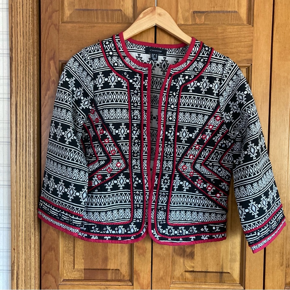 Primark Atmosphere Geometric Black and White Jacket with Red Accents